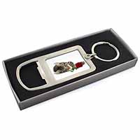 Tabby Kitten Cat with Red Rose Chrome Metal Bottle Opener Keyring in Box