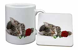 Tabby Kitten Cat with Red Rose Mug and Coaster Set