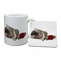 Tabby Kitten Cat with Red Rose Mug and Coaster Set