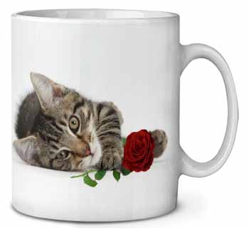 Tabby Kitten Cat with Red Rose Ceramic Coffee Mug/Tea Cup