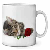 Tabby Kitten Cat with Red Rose Ceramic Coffee Mug/Tea Cup