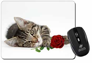 Tabby Kitten Cat with Red Rose Computer Mouse Mat