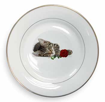 Tabby Kitten Cat with Red Rose Gold Rim Plate Printed Full Colour in Gift Box