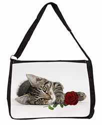 Tabby Kitten Cat with Red Rose Large Black Laptop Shoulder Bag School/College