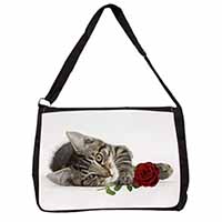 Tabby Kitten Cat with Red Rose Large Black Laptop Shoulder Bag School/College