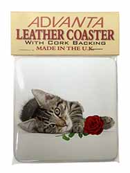 Tabby Kitten Cat with Red Rose Single Leather Photo Coaster