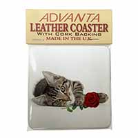 Tabby Kitten Cat with Red Rose Single Leather Photo Coaster