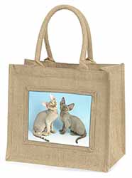 Devon Rex Cats Natural/Beige Jute Large Shopping Bag