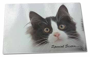 Large Glass Cutting Chopping Board Black+White Kitten 