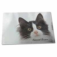 Large Glass Cutting Chopping Board Black+White Kitten 