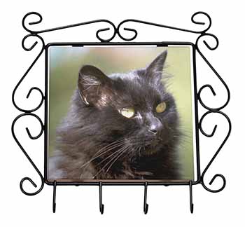 Beautiful Fluffy Black Cat Wrought Iron Key Holder Hooks