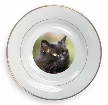 Beautiful Fluffy Black Cat Gold Rim Plate Printed Full Colour in Gift Box