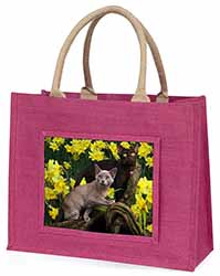 Burmese Cats Amoungst Daffodils Large Pink Jute Shopping Bag