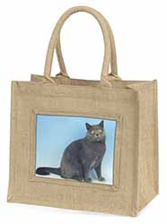 Blue Chartreax Cat Natural/Beige Jute Large Shopping Bag