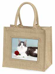 Gorgeous Cat with Red Rose Natural/Beige Jute Large Shopping Bag