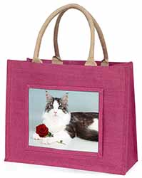 Gorgeous Cat with Red Rose Large Pink Jute Shopping Bag