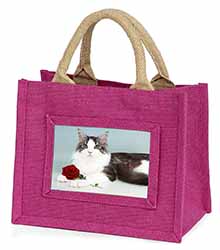 Gorgeous Cat with Red Rose Little Girls Small Pink Jute Shopping Bag