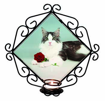 Gorgeous Cat with Red Rose Wrought Iron Wall Art Candle Holder