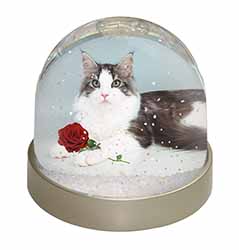 Gorgeous Cat with Red Rose Snow Globe Photo Waterball