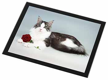 Gorgeous Cat with Red Rose Black Rim High Quality Glass Placemat