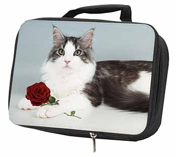 Gorgeous Cat with Red Rose Black Insulated School Lunch Box/Picnic Bag