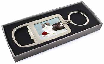 Gorgeous Cat with Red Rose Chrome Metal Bottle Opener Keyring in Box