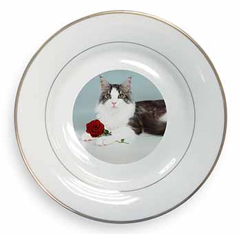 Gorgeous Cat with Red Rose Gold Rim Plate Printed Full Colour in Gift Box