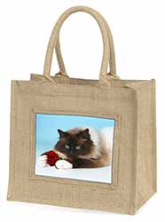 Birman Point Cat with Red Rose Natural/Beige Jute Large Shopping Bag