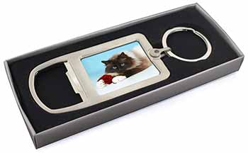 Birman Point Cat with Red Rose Chrome Metal Bottle Opener Keyring in Box