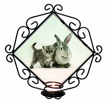 Silver Grey Cat and Rabbit Wrought Iron Wall Art Candle Holder