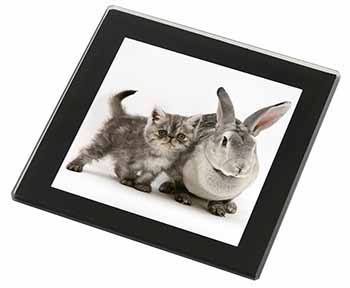 Silver Grey Cat and Rabbit Black Rim High Quality Glass Coaster