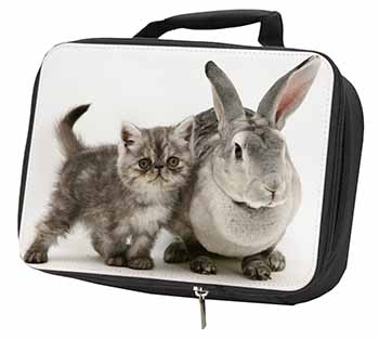 Silver Grey Cat and Rabbit Black Insulated School Lunch Box/Picnic Bag