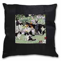 Cats and Kittens in Garden Black Satin Feel Scatter Cushion