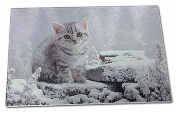 Large Glass Cutting Chopping Board Silver Tabby Cat in Snow