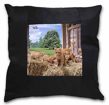 Ginger Cat and Kittens in Barn Black Satin Feel Scatter Cushion