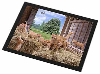 Ginger Cat and Kittens in Barn Black Rim High Quality Glass Placemat