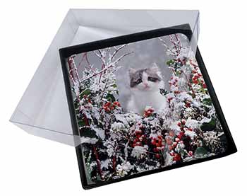 4x Winter Snow Kitten Picture Table Coasters Set in Gift Box