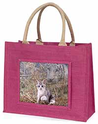 Kitten and White Tiger Watch Large Pink Jute Shopping Bag