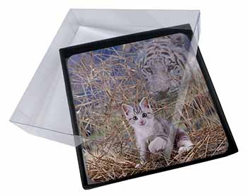 4x Kitten and White Tiger Watch Picture Table Coasters Set in Gift Box