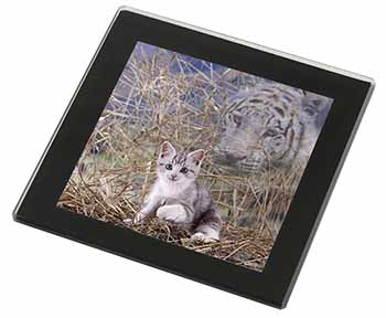 Kitten and White Tiger Watch Black Rim High Quality Glass Coaster