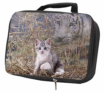 Kitten and White Tiger Watch Black Insulated School Lunch Box/Picnic Bag