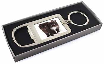 Black and White Kittens Chrome Metal Bottle Opener Keyring in Box