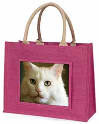 Gorgeous White Cat Large Pink Jute Shopping Bag