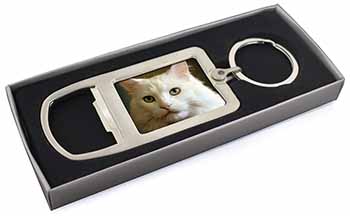 Gorgeous White Cat Chrome Metal Bottle Opener Keyring in Box