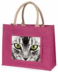 Silver Tabby Cat Face Large Pink Jute Shopping Bag