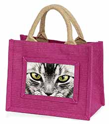 Silver Tabby Cat Face Little Girls Small Pink Jute Shopping Bag