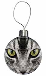 Silver Tabby Cat Face Christmas Bauble