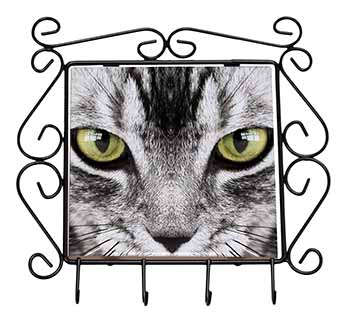 Silver Tabby Cat Face Wrought Iron Key Holder Hooks