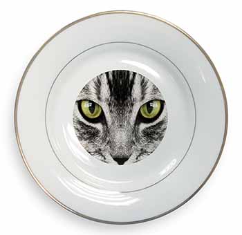 Silver Tabby Cat Face Gold Rim Plate Printed Full Colour in Gift Box