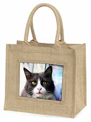 Pretty Black and White Cat Natural/Beige Jute Large Shopping Bag